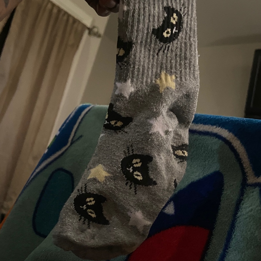 Gray Cat And Star Patterned Socks - image 1
